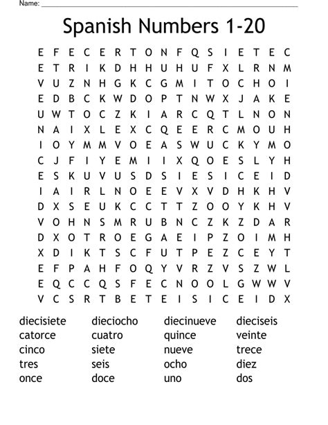 los numeros word search|Spanish Numbers 1.